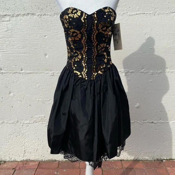 Jessica Mcclintock Dresses | Jessica Mcclintock For Gunne Sax Vintage Sequined Cocktail Dress Prom Dress | Color: Black/Gold | Size: 7j | Elhopkins's